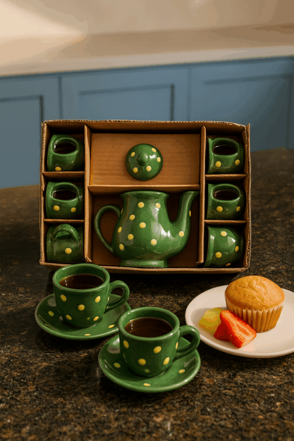 Handcrafted Miniature Ceramic Baby Tea Set – Green with Yellow Polka Dots (1 Teapot + 6 Cups)