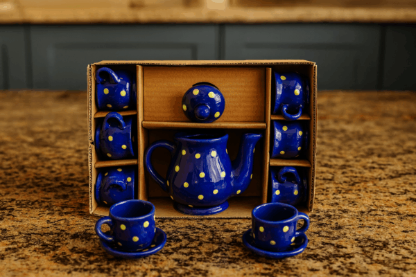 Handcrafted Baby Tea Cup Set with Teapot – Elegant Blue Ceramic with Polka Dots – 1 Teapot + 6 Cups