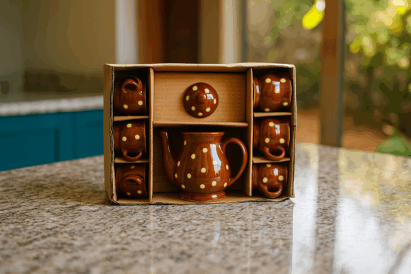 Handcrafted Baby Tea Cup Set with Teapot – Brown with Polka Dots (7-Piece Set)