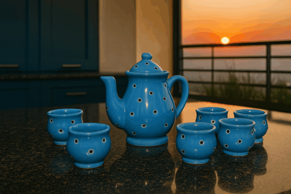 Miniature Ceramic baby Tea cup Set – Handcrafted Blue with Yellow Polka Dots (7 Pieces)