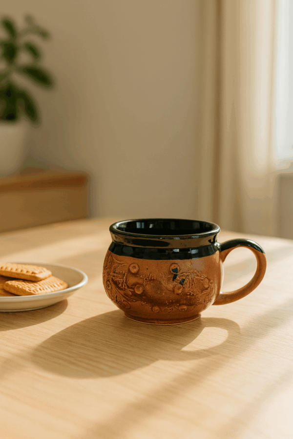 Rustic Brown Ceramic Tea Cups with Black Rim – Set of 6 (180 ml)