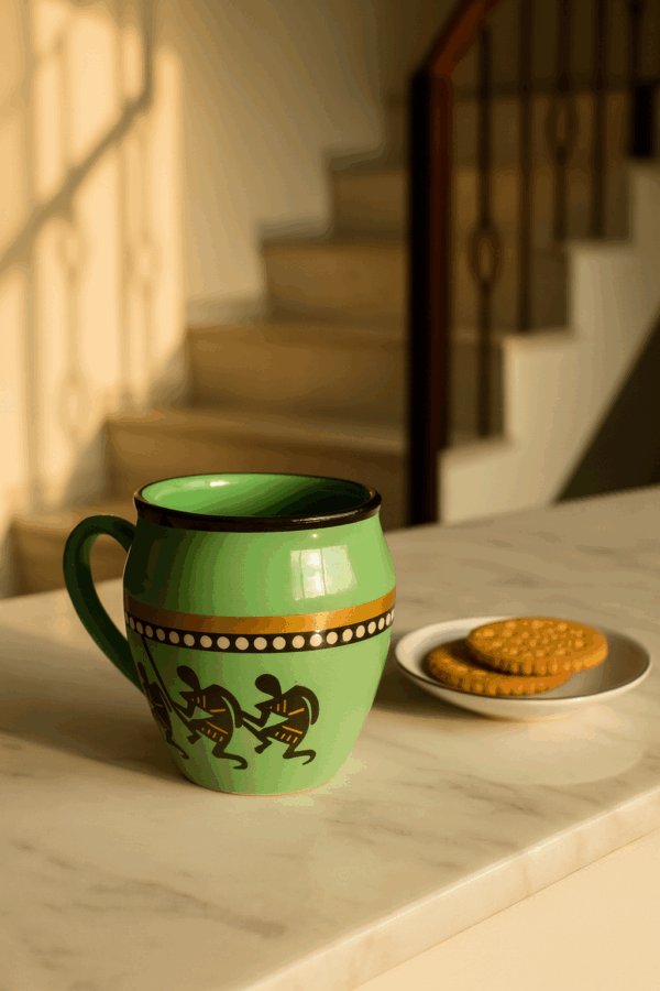 Handcrafted Tribal Art Ceramic Coffee Tea Mug Set – 6 Pieces, 300 ml Each, Green