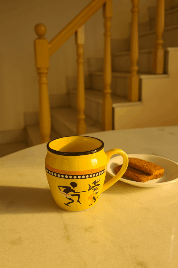 Handcrafted Warli Art Design Yellow Ceramic Tea & Coffee Cup Set – (Set of 6)