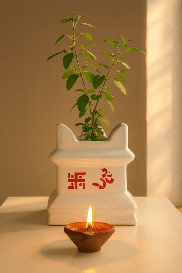 Sacred Tulsi Plant with Traditional White Ceramic Pot & Clay Diya – Elegant Home Décor & Spiritual Gift
