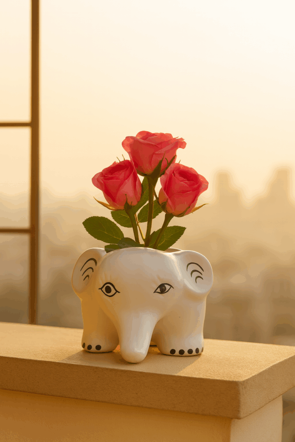 White Ceramic Elephant Planter with Roses – Home Décor Accent