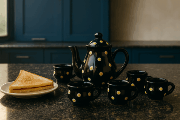 Premium Handcrafted Baby Tea Cup Set with Teapot – Black Ceramic with Yellow Polka Dots – 1 Teapot + 6 Cups