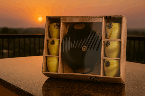 Premium Ceramic Tea Cup Set with Serving Tray – 6 Pieces (Yellow Cups with Black Tray)
