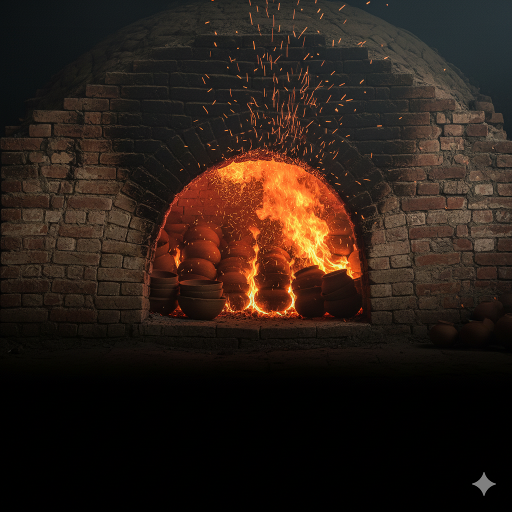 Dramatic view of a brick pottery kiln glowing with intense orange fire and sparks, with unglazed clay pots visible inside the furnace.