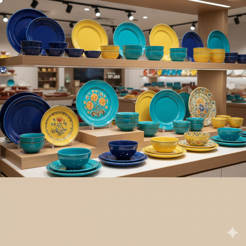 Vibrant display of modern and traditional Khurja glazed ceramic crockery, including blue, yellow, and turquoise plates and bowls, arranged neatly on wooden shelves in a showroom.