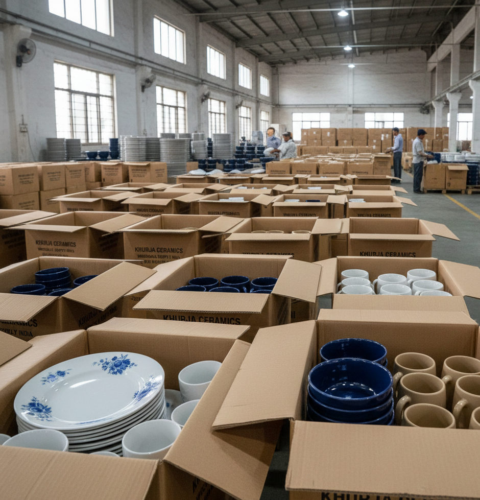 Industrial warehouse setting in Khurja showing cardboard boxes filled with blue ceramic bowls, white floral plates, and mugs for wholesale export.