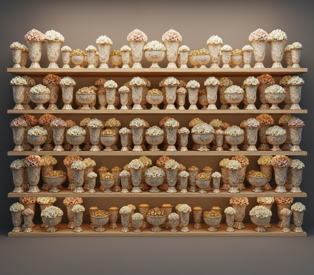 Row of luxury vintage porcelain vases with white and pink hydrangeas on wooden shelves, elegant home decor aesthetic.