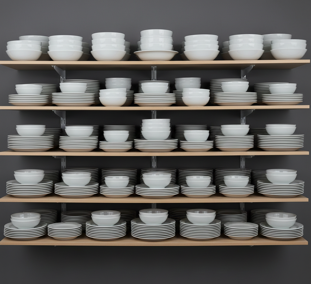 Collection of modern ceramic pottery and textured vases on black industrial metal shelves, dark gray wall background.