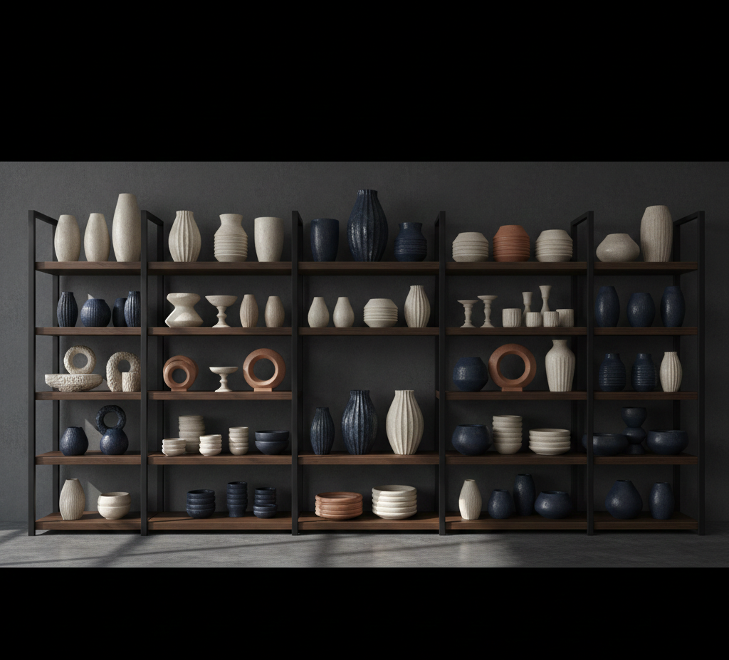 Modern ceramic vases and minimalist pottery collection on dark wooden industrial shelves, contemporary home decor aesthetic.